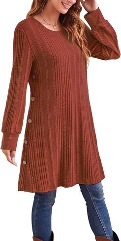 Long Sleeve Tunic Dress for Women Crew Neck Casual Dresses with Pockets Button Side Fall Winter Outfits S-2XL in Kuwait
