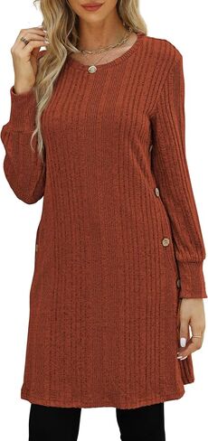 Long Sleeve Tunic Dress for Women Crew Neck Casual Dresses with Pockets Button Side Fall Winter Outfits S-2XL in Kuwait