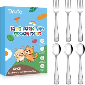 DRKIO Stainless Steel Toddler Utensils Set - 6 Pieces Kids Silverware Set Children Safe Food Grade Small Forks and Spoons Dishwasher Safe Mirror Polished