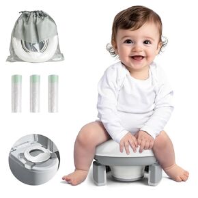 Portable Potty for Toddler Travel, Foldable Kids Potty Training Toilet for Boys and Girls with Splash Guard, Folding Travel Potty Seat for Toddler, Car Potty with Travel Bag,60pcs Potty Liners