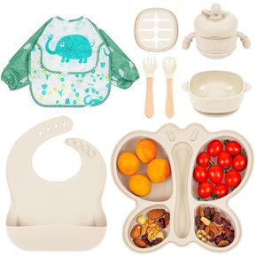 Silicone Baby Feeding Set, Baby Led Weaning Supplies, Silicone Suction Butterfly Plate, Bowl, Spoons, Fork and Waterproof Bib & Cloth Bib, Eating Utensils Baby Feeding Essentials (Beige)