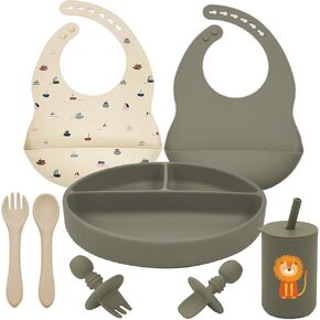 Silicone Baby Feeding Set, Baby Led Weaning Supplies, Baby Spoons Suction Divided Plate Bib Cup, First Stage Solid Food Eating Utensils - 6+ Months(Pink-Red)