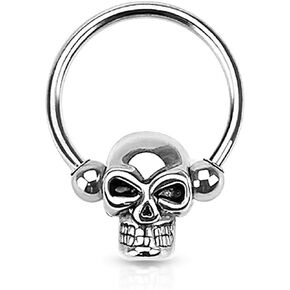 Forbidden Body Jewelry Surgical Steel Skull Captive Bead Ring Hoops, Skull Septum Ring, Nipple Ring, CBR 14G-16G (Sold As A Set)