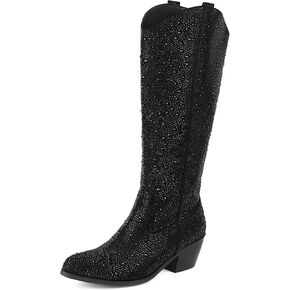 Women's Rhinestone Boots Wide Calf Cowgirl Boots Western Mid Calf Pointed Toe Boots Lightweight Fashion Trendy Chunky Stacked Heel Sparkly Side Zipper Boots