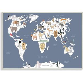 Stupell Industries Adorable Animal World Map Kid's Lion Tiger Bear, Designed by Carla Daly Canvas Wall Art, 36 x 48, Blue