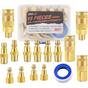 Universal Air Coupler and Industrial Air Plug Kit, 1/4 Inch Threads and Body Size, 15 Pieces Air Compressor Accessories