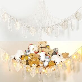 Dremisland Stuffed Animal Toy Net Hammock with Star Light Boho Leaf Macrame Tassel Corner Toy Organizer Bohemian Woven Decor Display Holder for Girls Room Nursery Kids Bedroom Play Room Decor (Green)