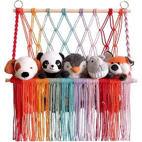 Macrame Stuffed Animal Toy Hammock, Boho Stuffed Animal Wall Hanging Rope Net, Wall Toy Storage Rock Organizer for Kids Toys Nursery Room Decor (C)