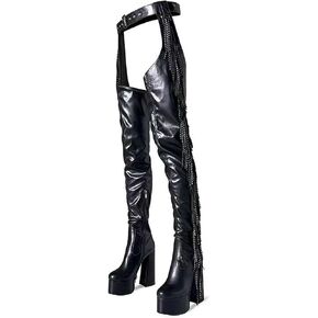 DETOGNI Women's Belted Over The Knee Platform Long Boots Fringes Silver Shine Studs Block Heels Thigh High Boots