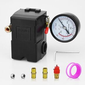 Universal Air Compressor Pressure Switch Control Valve (90-120 PSI, 110V-240V) with 0-180 PSI Regulator and Safety Pressure Relief Valve - 4 Way Replacement Part (90-120PSI-007)123
