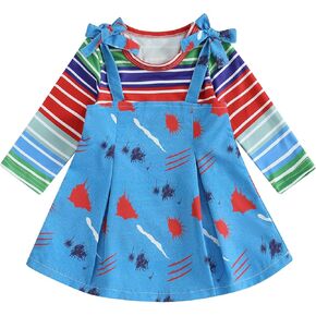 VISGOGO Baby Girl Halloween Outfit Long Sleeve Striped T-shirt Tops + Denim Overall Dress Toddler Fall Clothes Set 1-6Y