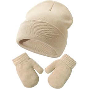 Baby Beanie Hat Mittens Set Kids Winter Warm Knit Caps with Gloves for Toddler Boys Girls