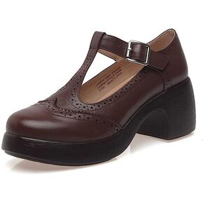 Platform Mary Janes Leather for Women, Retro Wingtip Perforated Oxfords, Round Toe T Strap with Adjustable Buckle Chunky Heel Shoes