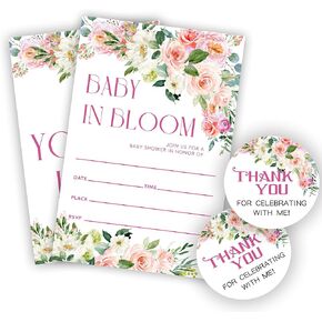 Baby In Bloom！Invitations For Baby Shower - 20 Fill In Blush Floral And Greenery Invites With Envelopes And Stickers For Girl Boy, Gender Reveal Games, Party Favors And Supplies - A06