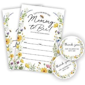 Mommy To Bee Invitations For Baby Shower - 20 Fill In Watercolor Floral And Bee Invites With Envelopes And Stickers For Girl Boy, Gender Reveal Games, Party Favors And Decorations - A03