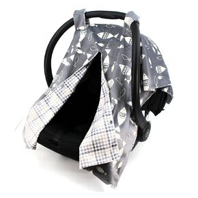 Dear Baby Gear Deluxe Reversible Car Seat Canopy, Custom Minky Print, Fish on Grey/Grey Tan Plaid