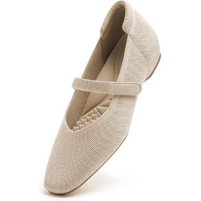 Mary Jane Flat Shoes for Women with Arch Support and Concealed Low Wedge Heel, Comfortable Women Square Toe Ballet Flats Knit Dress Shoes