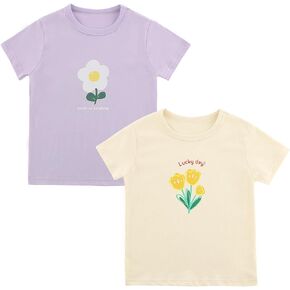 Toddler & Baby Girls Summer Clothes with Flowers & Fruits, Purcotton Shirts for Girls, 2 Pack…