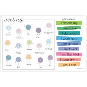 Mindful Kids Eat & Learn Placemats - Reusable Placemat for Kids - Learning Posters for Walls with List of All Emotions - Kindergarten Affirmations Poster - Socio-Emotional Development - Durable