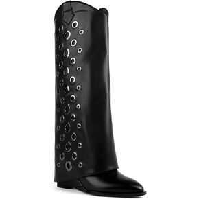 Women's Fold Over Knee High Boots with Holes Design Covered Wedge Heel Wide Calf Pull On Boots With Side Zipper