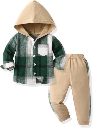 Feidoog Toddler Boys Hood Plaid Pants Set Long Sleeve Button Down Plaid Hooded Tops +Sweatpants Clothing Outfits Set in Saudi Arabia