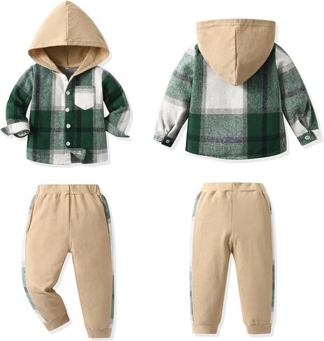 Feidoog Toddler Boys Hood Plaid Pants Set Long Sleeve Button Down Plaid Hooded Tops +Sweatpants Clothing Outfits Set in Saudi Arabia