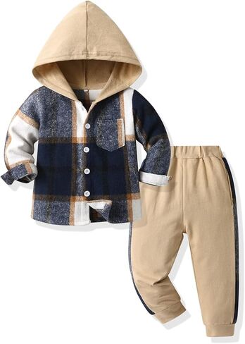 Feidoog Toddler Boys Hood Plaid Pants Set Long Sleeve Button Down Plaid Hooded Tops +Sweatpants Clothing Outfits Set in Saudi Arabia