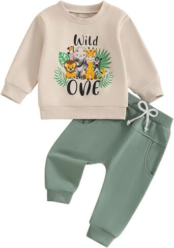 Toddler Baby Boys 1st 2nd Birthday Outfit Wild One/Two Wild Safari Jungle Zoo Animal Sweatshirt and Pants Set in Saudi Arabia