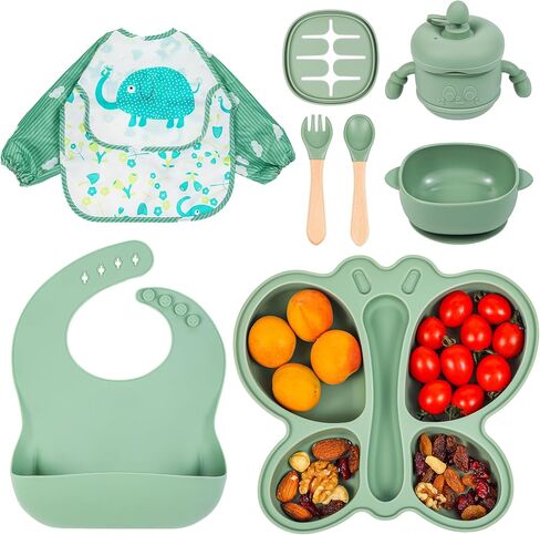 Silicone Baby Feeding Set, Baby Led Weaning Supplies, Silicone Suction Butterfly Plate, Bowl, Spoons, Fork and Waterproof Bib & Cloth Bib, Eating Utensils Baby Feeding Essentials (Beige) in Kuwait
