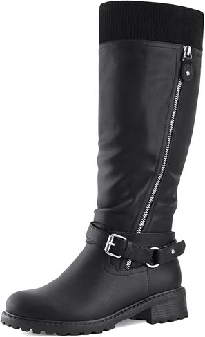 Shoe'N Tale Women's Wide Calf Knee High Boots Stretchy Low Heel Round Toe Winter Boots with Side Zipper in Kuwait