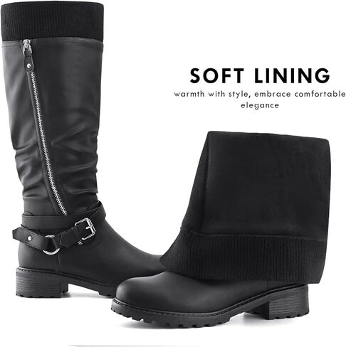 Shoe'N Tale Women's Wide Calf Knee High Boots Stretchy Low Heel Round Toe Winter Boots with Side Zipper in Kuwait