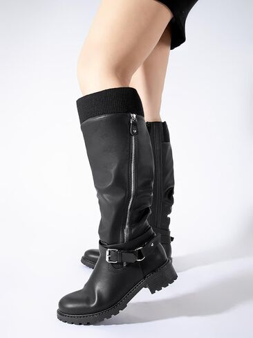 Shoe'N Tale Women's Wide Calf Knee High Boots Stretchy Low Heel Round Toe Winter Boots with Side Zipper in Kuwait