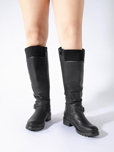Shoe'N Tale Women's Wide Calf Knee High Boots Stretchy Low Heel Round Toe Winter Boots with Side Zipper in Kuwait