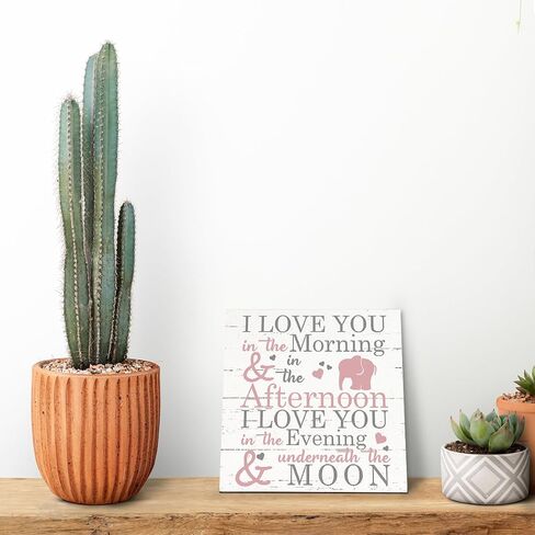 Love Sign, Wood Plaque Table Art Sign 6.2 * 6.2inch, Elephant Wood Sign for Nursery, Decoration for Baby Girls Room, Daughter's Room Decor, I Love You in the Morning Afternoon Evening & Moon D in Kuwait