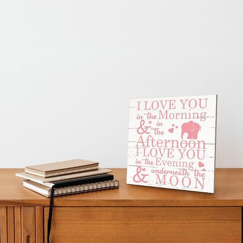 Love Sign, Wood Plaque Table Art Sign 6.2 * 6.2inch, Elephant Wood Sign for Nursery, Decoration for Baby Girls Room, Daughter's Room Decor, I Love You in the Morning Afternoon Evening & Moon D in Kuwait