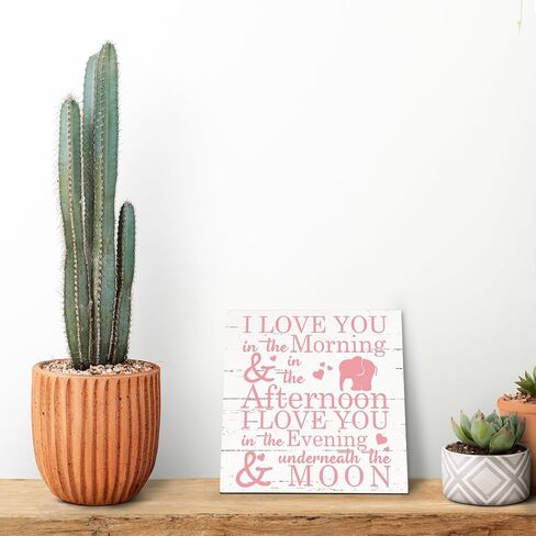 Love Sign, Wood Plaque Table Art Sign 6.2 * 6.2inch, Elephant Wood Sign for Nursery, Decoration for Baby Girls Room, Daughter's Room Decor, I Love You in the Morning Afternoon Evening & Moon D in Kuwait