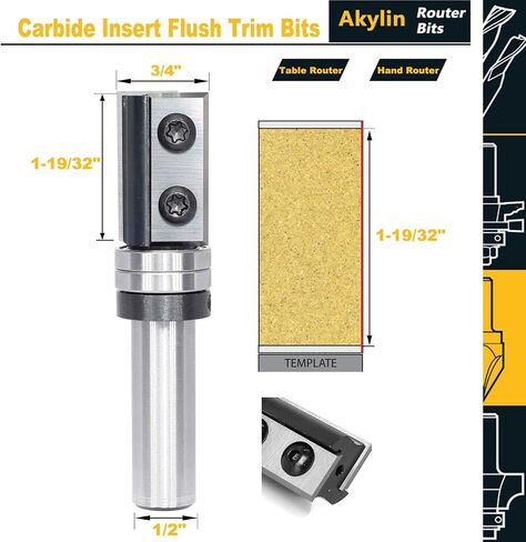 Carbide Insert Flush Trim Router Bits 1/2"Shank x 3/4"Dia. x 30 mm,Shank Bearing Template Bit,with Rotation Blades for Wood Flush Trimming in Kuwait