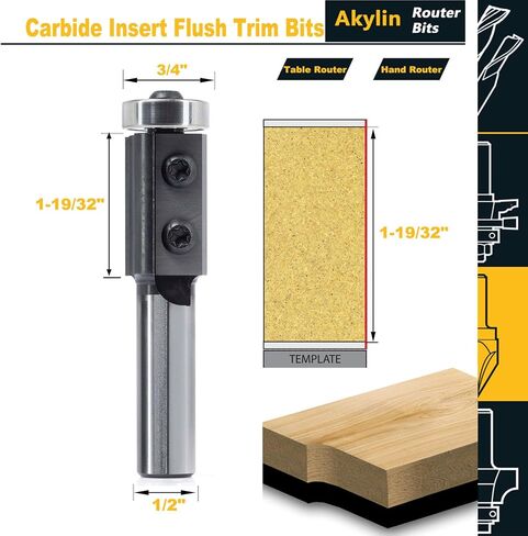 Carbide Insert Flush Trim Router Bits 1/2"Shank x 3/4"Dia. x 30 mm,Shank Bearing Template Bit,with Rotation Blades for Wood Flush Trimming in Kuwait