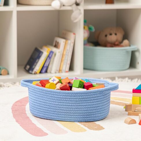 UBBCARE Small Woven Basket for Gifts, Cotton Rope Storage Basket with Gift Bags and Ribbons, Gift Baskets Empty with Handle, Dog Toy Basket for Organizing, Blue Baby Basket for Nursery (12"x 8" x 5") in Saudi Arabia