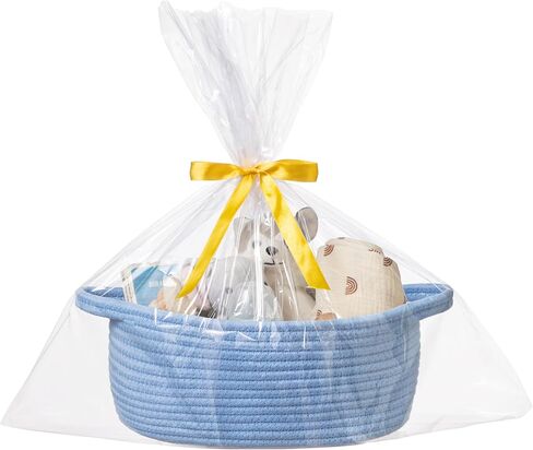 UBBCARE Small Woven Basket for Gifts, Cotton Rope Storage Basket with Gift Bags and Ribbons, Gift Baskets Empty with Handle, Dog Toy Basket for Organizing, Blue Baby Basket for Nursery (12"x 8" x 5") in Saudi Arabia