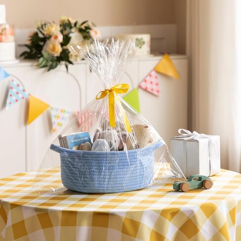 UBBCARE Small Woven Basket for Gifts, Cotton Rope Storage Basket with Gift Bags and Ribbons, Gift Baskets Empty with Handle, Dog Toy Basket for Organizing, Blue Baby Basket for Nursery (12"x 8" x 5") in Saudi Arabia