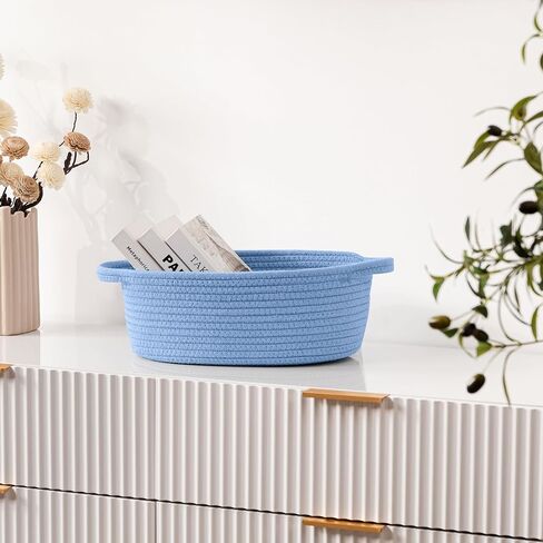 UBBCARE Small Woven Basket for Gifts, Cotton Rope Storage Basket with Gift Bags and Ribbons, Gift Baskets Empty with Handle, Dog Toy Basket for Organizing, Blue Baby Basket for Nursery (12"x 8" x 5") in Saudi Arabia