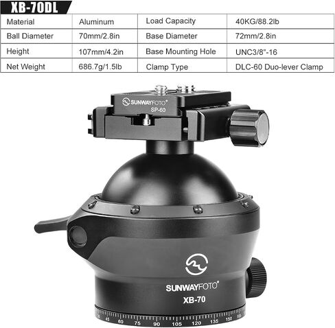 SUNWAYFOTO XB-70DL 70mm Low Profile Tripod Ball Head,Ballhead for Cameras,Load 88lb(40KG) in Saudi Arabia