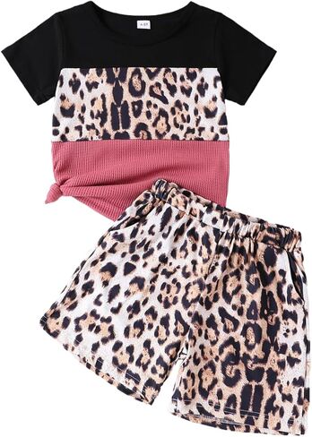 ملابس للأطفال الصغار والبنات تي شيرت بحاشية ملتوية بطباعة الفهد + شورت للفتيات طقم ملابس صيفي (6-7T) in Kuwait