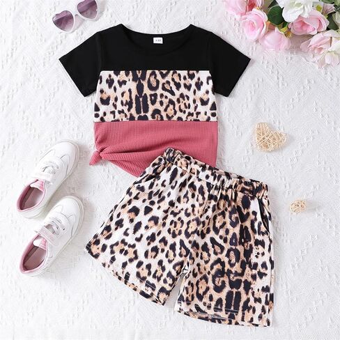 ملابس للأطفال الصغار والبنات تي شيرت بحاشية ملتوية بطباعة الفهد + شورت للفتيات طقم ملابس صيفي (6-7T) in Kuwait