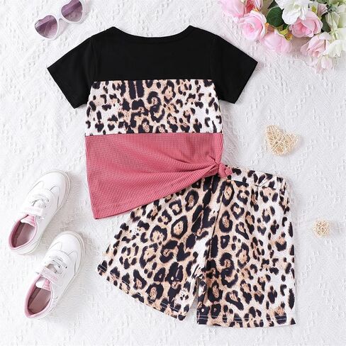 ملابس للأطفال الصغار والبنات تي شيرت بحاشية ملتوية بطباعة الفهد + شورت للفتيات طقم ملابس صيفي (6-7T) in Kuwait