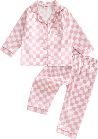 MAINESAKA Toddler Baby Girl Boys Satin Silk Pajamas Set Button Down Shirt Pants Checkerboard Stripe Pjs Fall Winter Sleepwear in Saudi Arabia