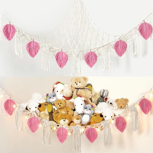Dremisland Stuffed Animal Toy Net Hammock with Star Light Boho Leaf Macrame Tassel Corner Toy Organizer Bohemian Woven Decor Display Holder for Girls Room Nursery Kids Bedroom Play Room Decor (Green) in Saudi Arabia