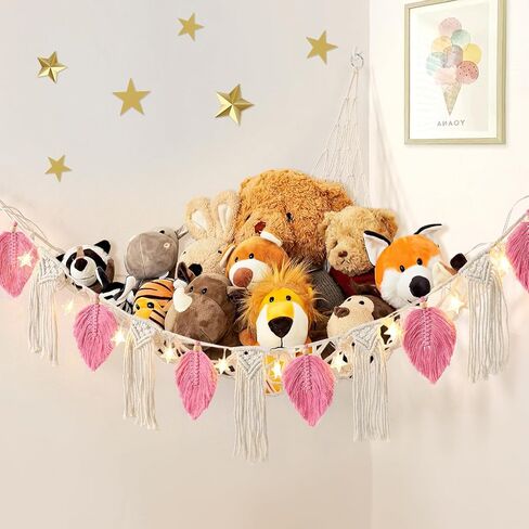 Dremisland Stuffed Animal Toy Net Hammock with Star Light Boho Leaf Macrame Tassel Corner Toy Organizer Bohemian Woven Decor Display Holder for Girls Room Nursery Kids Bedroom Play Room Decor (Green) in Saudi Arabia
