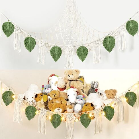 Dremisland Stuffed Animal Toy Net Hammock with Star Light Boho Leaf Macrame Tassel Corner Toy Organizer Bohemian Woven Decor Display Holder for Girls Room Nursery Kids Bedroom Play Room Decor (Green) in Kuwait
